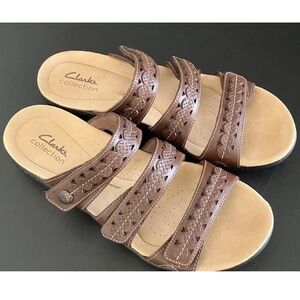 Clark's C. Woman's Slip on Adjustable Straps Leather Sandals Size9 Color Brown